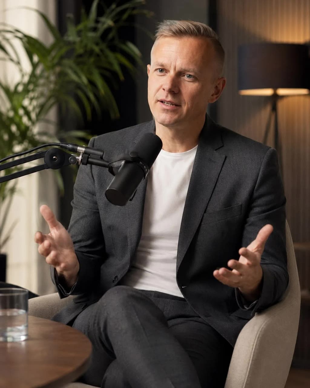 A member speaking at a studio microphone